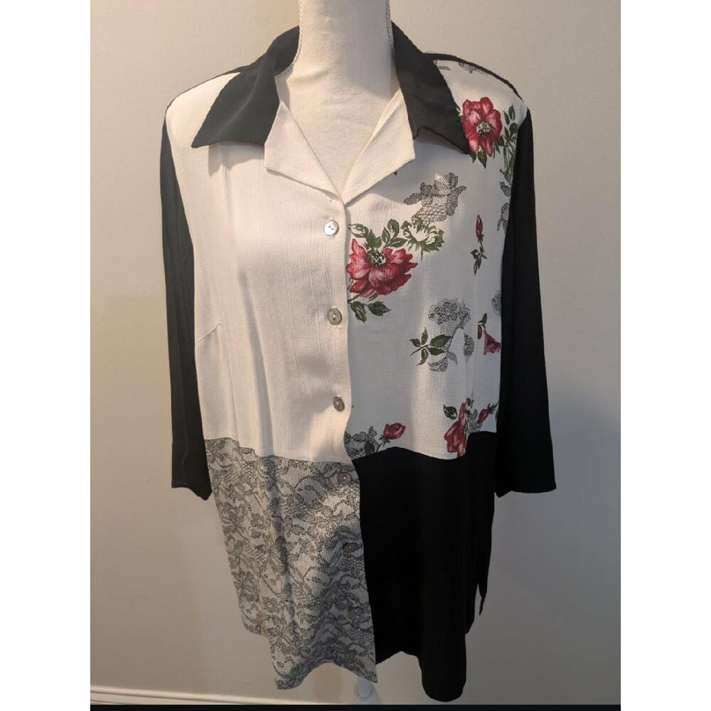 Fashion Bug Black & White Floral Lace Print Button-Down Blouse Top Size 18/20
